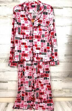 Kate Spade New York Womens S Pink Multi Pajama Set Top Pant Gift Holiday